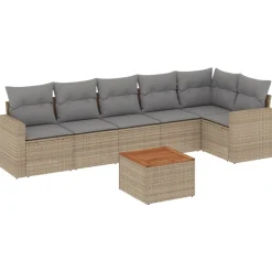 Tuinmeubelen*vidaXL 7-delige Loungeset met kussens poly rattan beige Beige en grijs