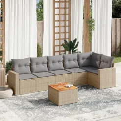 Tuinmeubelen*vidaXL 7-delige Loungeset met kussens poly rattan beige Beige en grijs