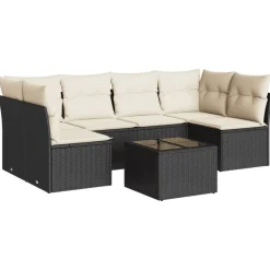 Tuinmeubelen*vidaXL 7-delige Loungeset met kussens poly rattan zwart Zwart en crème
