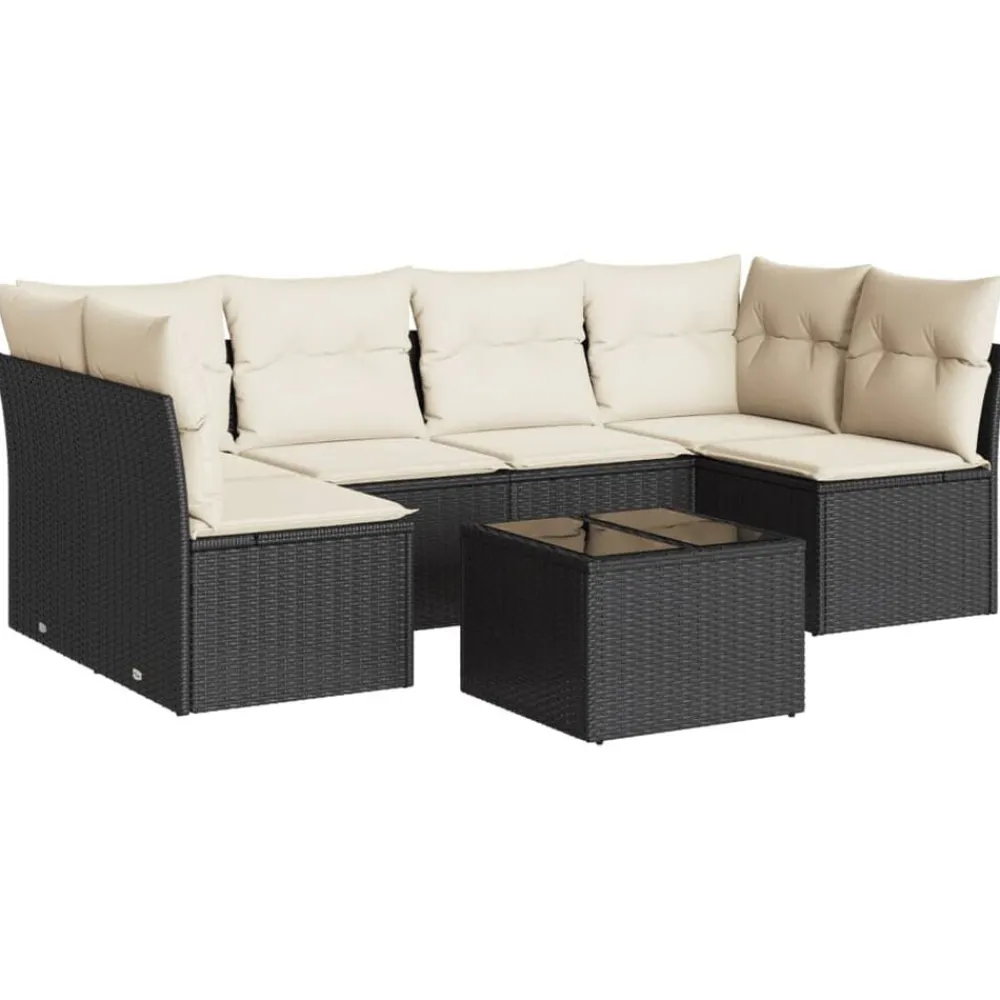 Tuinmeubelen*vidaXL 7-delige Loungeset met kussens poly rattan zwart Zwart en crème