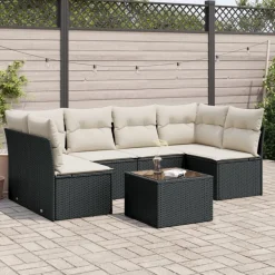 Tuinmeubelen*vidaXL 7-delige Loungeset met kussens poly rattan zwart Zwart en cr&egrave;me