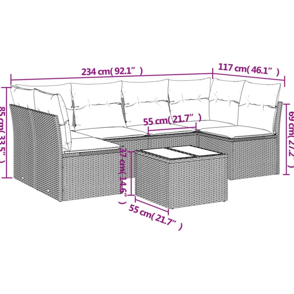 Tuinmeubelen*vidaXL 7-delige Loungeset met kussens poly rattan zwart Zwart en crème