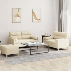 Banken*vidaXL 3-delige Loungeset met kussens stof crèmekleurig Cr&egrave;me