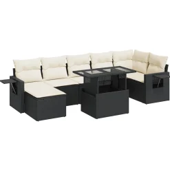 Tuinmeubelen*vidaXL 8-delige Loungeset met kussens poly rattan zwart Zwart en crème