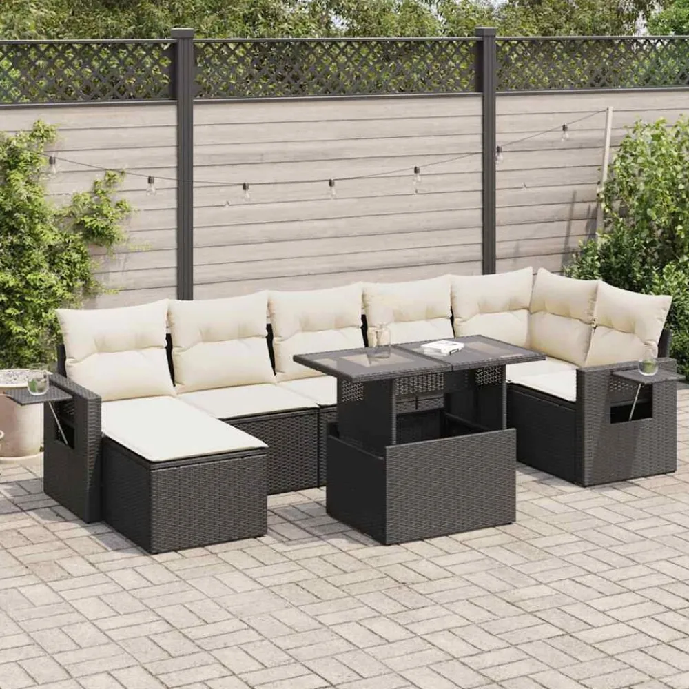 Tuinmeubelen*vidaXL 8-delige Loungeset met kussens poly rattan zwart Zwart en crème