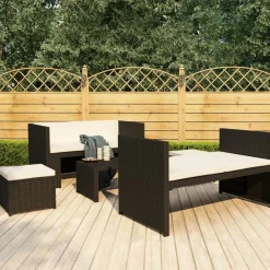 Tuinmeubelen*vidaXL 5-delige Loungeset met kussens poly rattan Zwart