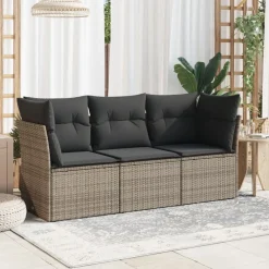 Tuinmeubelen*vidaXL 3-delige Loungeset met kussens poly rattan Grijs