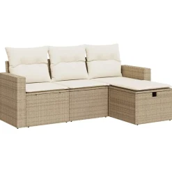 Tuinmeubelen*vidaXL 4-delige Loungeset met kussens poly rattan beige beige en crèmekleurig