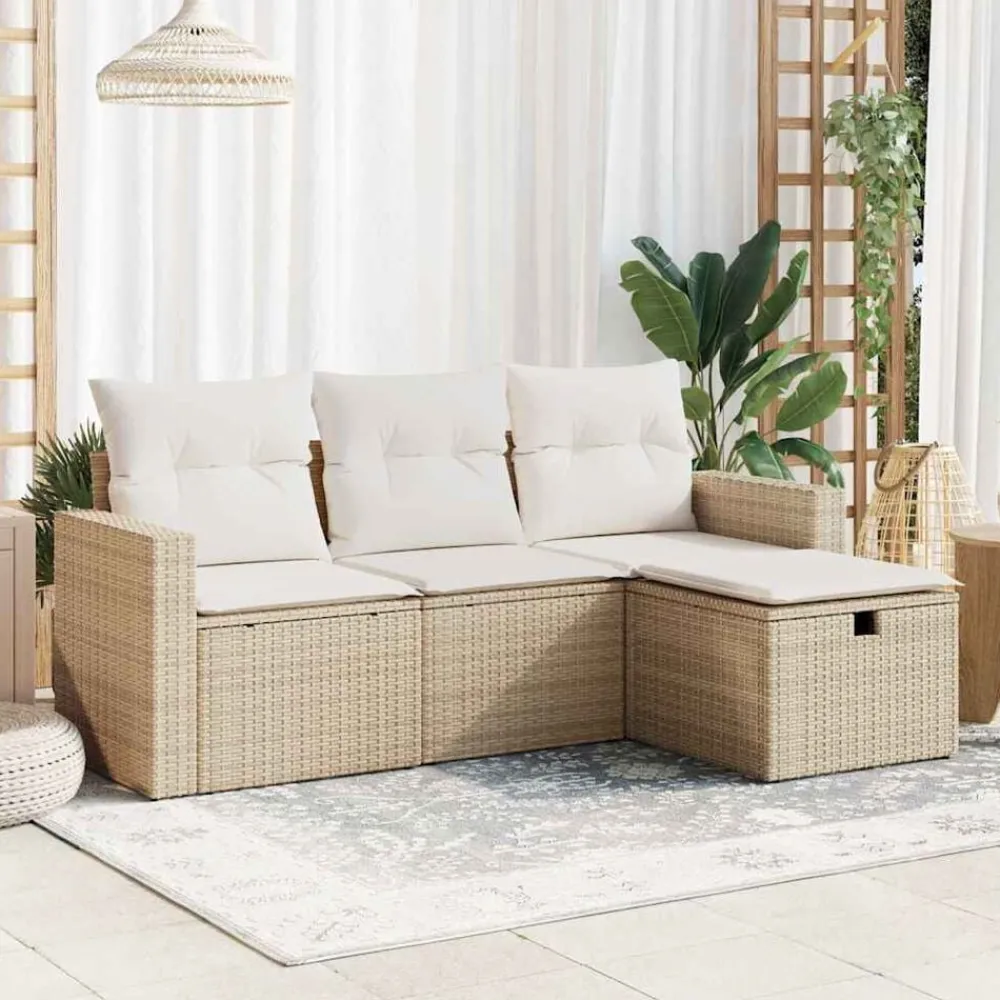 Tuinmeubelen*vidaXL 4-delige Loungeset met kussens poly rattan beige beige en crèmekleurig