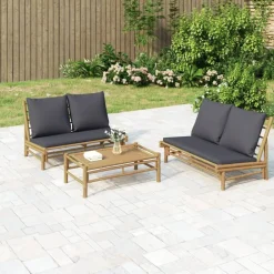 Tuinmeubelen*vidaXL 2-delige Loungeset met kussens bamboe Donkergrijs