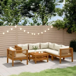 Tuinmeubelen*vidaXL 7-delige Loungeset met crèmekleurige kussens massief acaciahout Cr&egrave;me