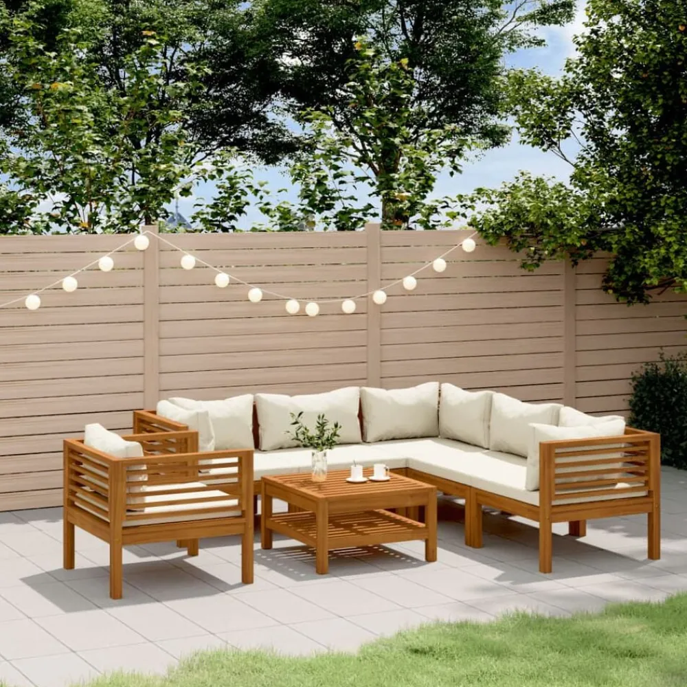 Tuinmeubelen*vidaXL 7-delige Loungeset met crèmekleurige kussens massief acaciahout Crème