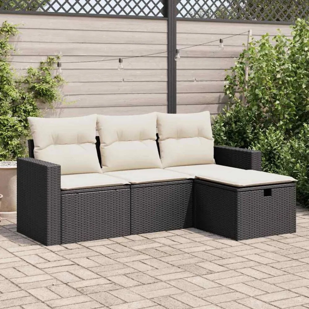 4-delige Loungeset met kussens poly rattan zwart>vidaXL Outlet