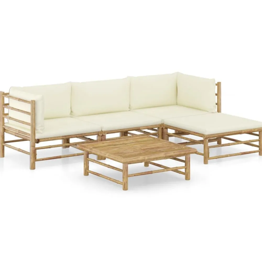 Tuinmeubelen*vidaXL 5-delige Loungeset met crèmewitte kussens bamboe Crème