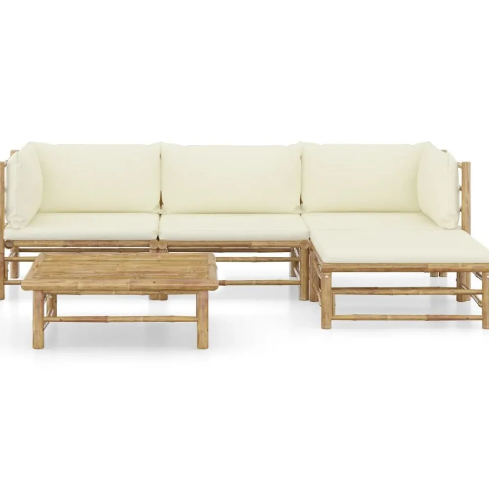 Tuinmeubelen*vidaXL 5-delige Loungeset met crèmewitte kussens bamboe Crème