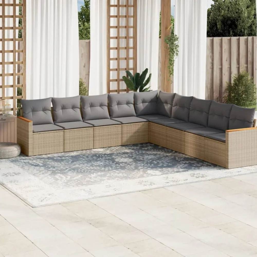 Tuinmeubelen*vidaXL 9-delige Loungeset met kussens poly rattan beige Beige en grijs
