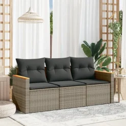 Tuinmeubelen*vidaXL 3-delige Loungeset met kussens poly rattan Grijs