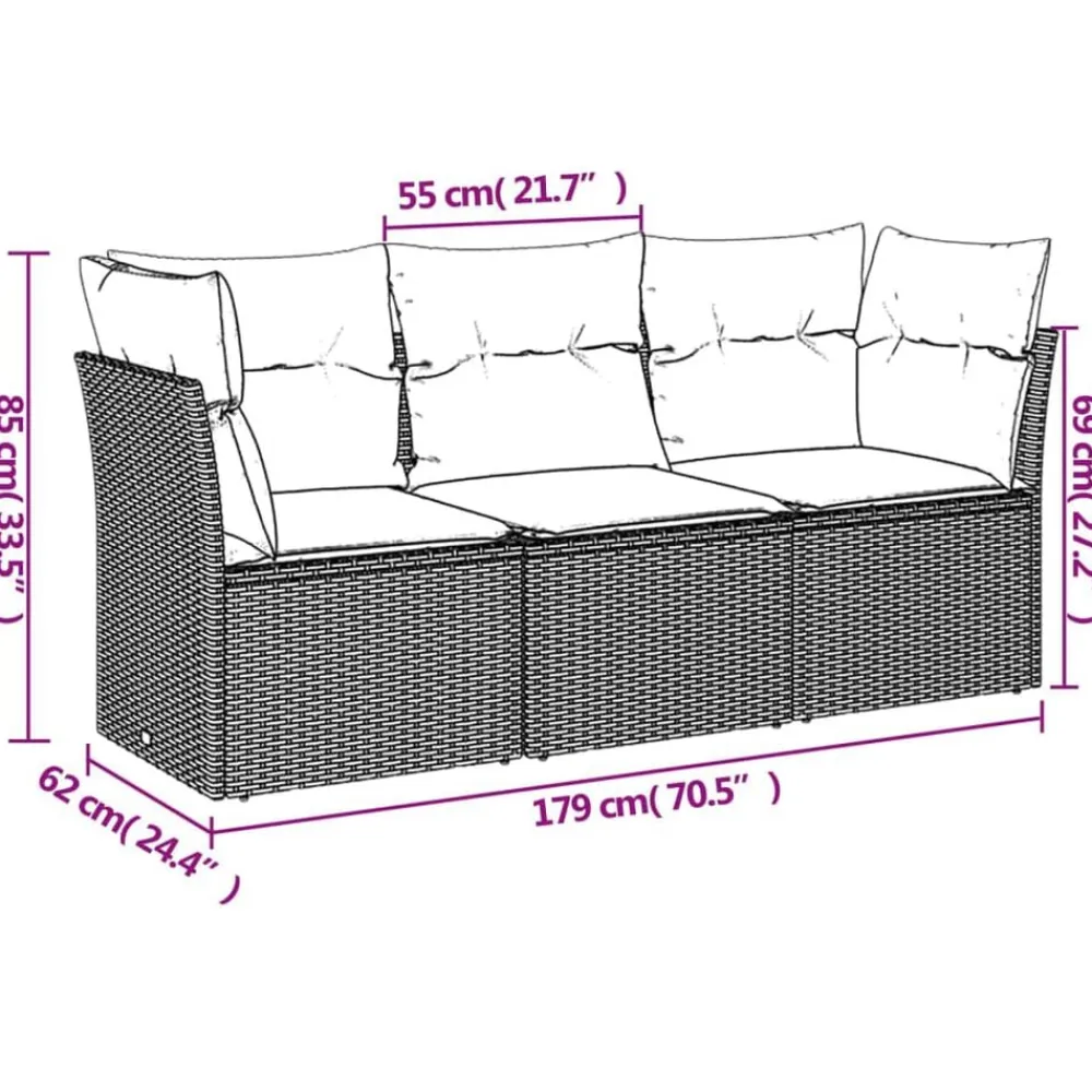 3-delige Loungeset met kussens poly rattan zwart>vidaXL New