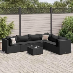 Tuinmeubelen*vidaXL 7-delige Loungeset met kussens poly rattan Zwart