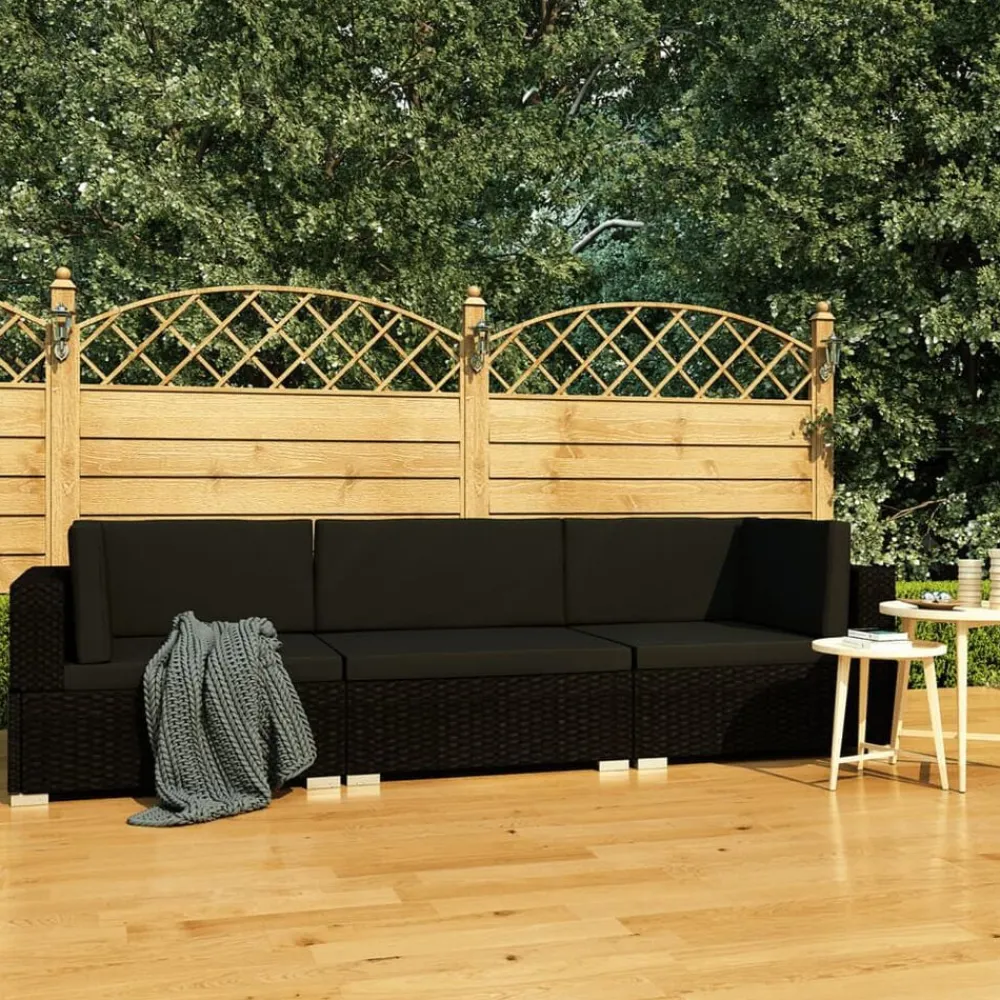 Tuinmeubelen*vidaXL 3-delige Loungeset met kussens poly rattan Zwart