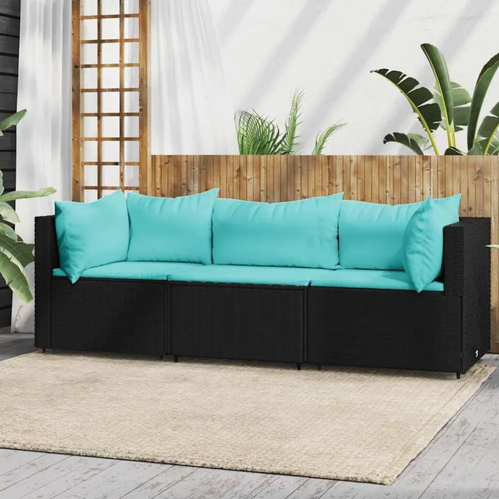 3-delige Loungeset met kussens poly rattan zwart>vidaXL