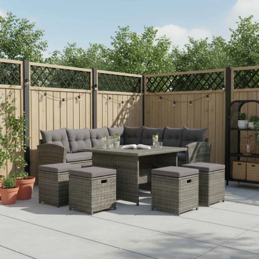 Tuinmeubelen*vidaXL 6-delige Loungeset met kussens poly rattan Grijs