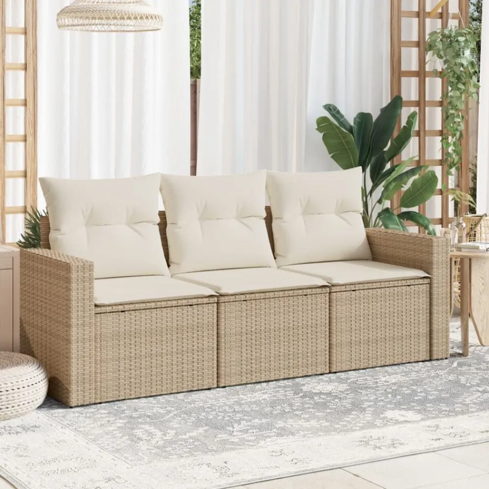Tuinmeubelen*vidaXL 3-delige Loungeset met kussens poly rattan beige beige en crèmekleurig