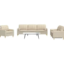 Banken*vidaXL 3-delige Loungeset met sierkussens stof crèmekleurig Cr&egrave;me