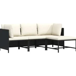 Tuinmeubelen*vidaXL 4-delige Loungeset met kussens poly rattan Zwart