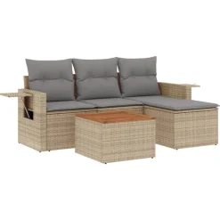 Tuinmeubelen*vidaXL 5-delige Loungeset met kussens poly rattan beige Beige en grijs