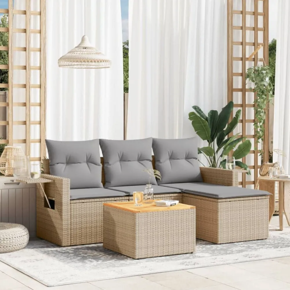 Tuinmeubelen*vidaXL 5-delige Loungeset met kussens poly rattan beige Beige en grijs