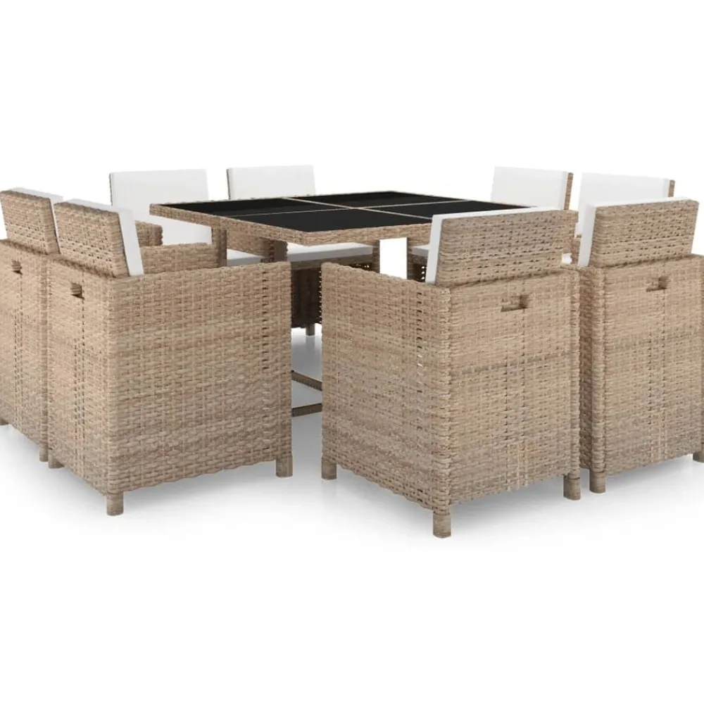 Tuinmeubelen*vidaXL 9-delige Tuinset met kussens poly rattan Beige