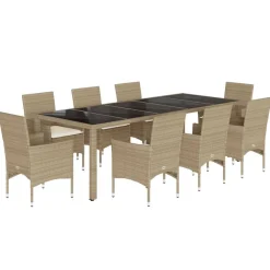 Tuinmeubelen*vidaXL 9-delige Tuinset met kussens poly rattan en glas beige beige en crèmekleurig