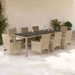 Tuinmeubelen*vidaXL 9-delige Tuinset met kussens poly rattan en glas beige beige en cr&egrave;mekleurig