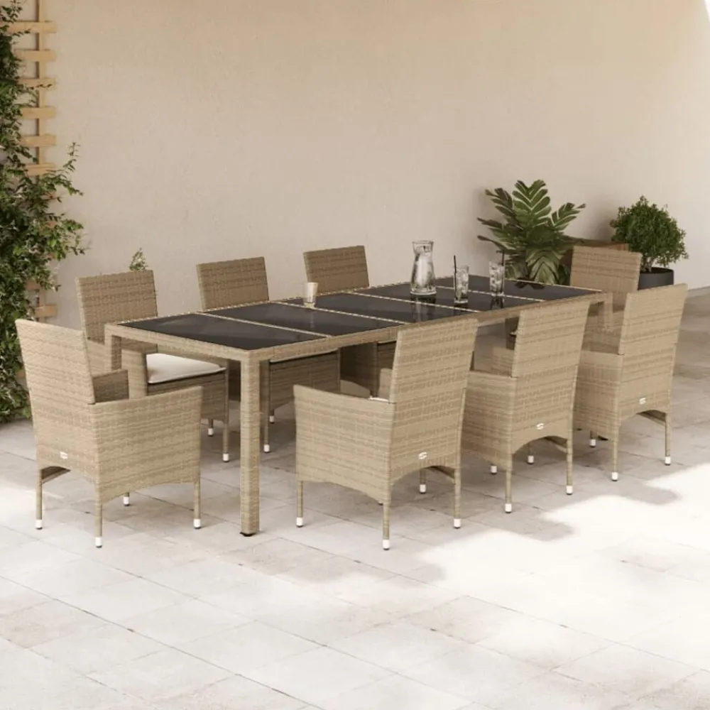 Tuinmeubelen*vidaXL 9-delige Tuinset met kussens poly rattan en glas beige beige en crèmekleurig
