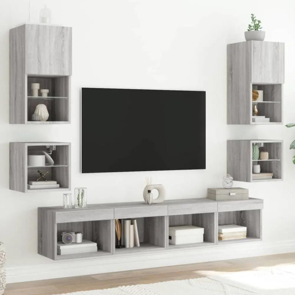 Tv-Meubels*vidaXL 8-delige Tv-wandmeubelset met LED bewerkt hout Grijs sonoma