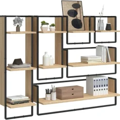 Boekenkasten & Wandplanken*vidaXL 6-delige Wandschappenset met stangen bewerkt hout Sonoma eiken