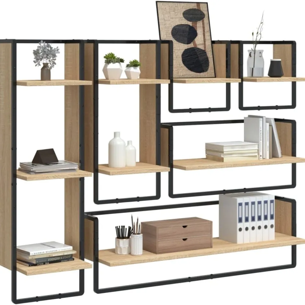 Boekenkasten & Wandplanken*vidaXL 6-delige Wandschappenset met stangen bewerkt hout Sonoma eiken