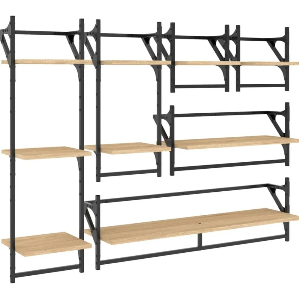 6-delige Wandschappenset met stangen bewerkt hout>vidaXL Clearance
