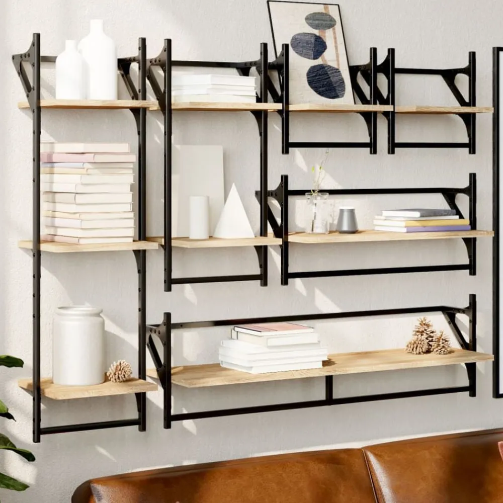 6-delige Wandschappenset met stangen bewerkt hout>vidaXL Clearance