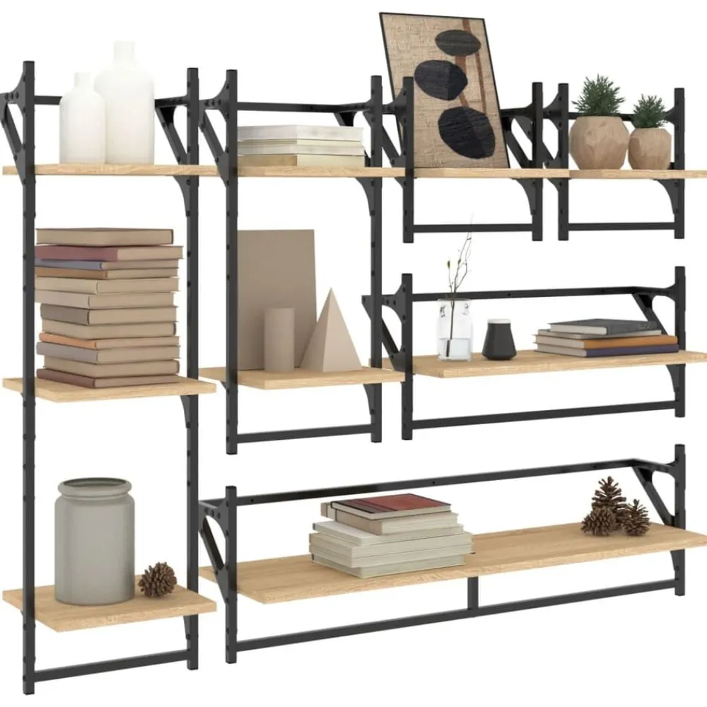 6-delige Wandschappenset met stangen bewerkt hout>vidaXL Clearance