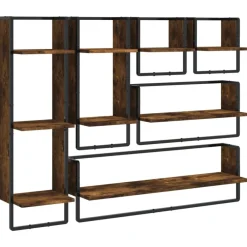 Boekenkasten & Wandplanken*vidaXL 6-delige Wandschappenset met stangen bewerkt hout Gerookt eiken