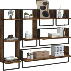 Boekenkasten & Wandplanken*vidaXL 6-delige Wandschappenset met stangen bewerkt hout Gerookt eiken