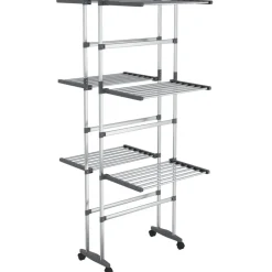 Droogrek 3-laags met wieltjes 60x70x129 cm zilverkleurig>vidaXL Online