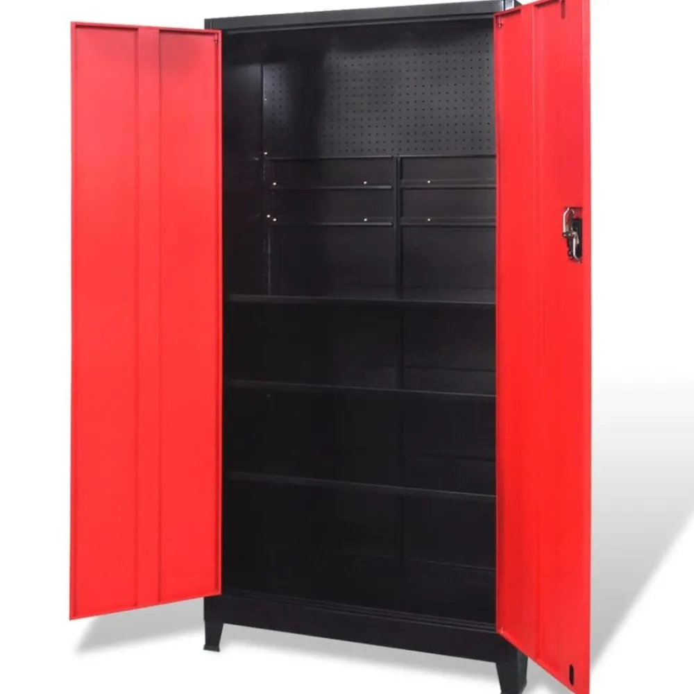 Gereedschapskast met 2 deuren 90x40x180 cm staal zwart en rood>vidaXL Hot