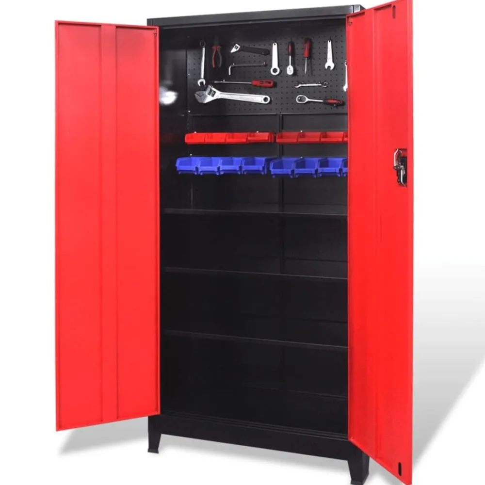 Gereedschapskast met 2 deuren 90x40x180 cm staal zwart en rood>vidaXL Hot