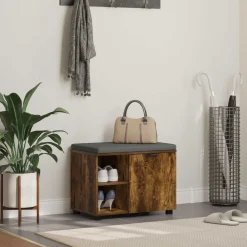 Bankjes*vidaXL Halbank met kussen met plank Gerookte Eik 60 x 38 x 46 cm Gerookt eiken