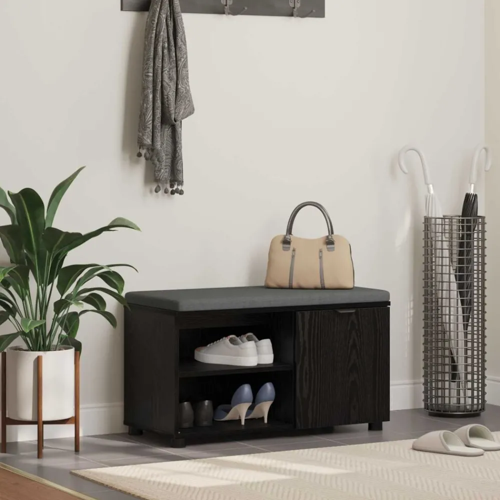 Bankjes*vidaXL Halbank met kussen met plank Zwarte Eik 80 x 38 x 46 cm Zwart eiken