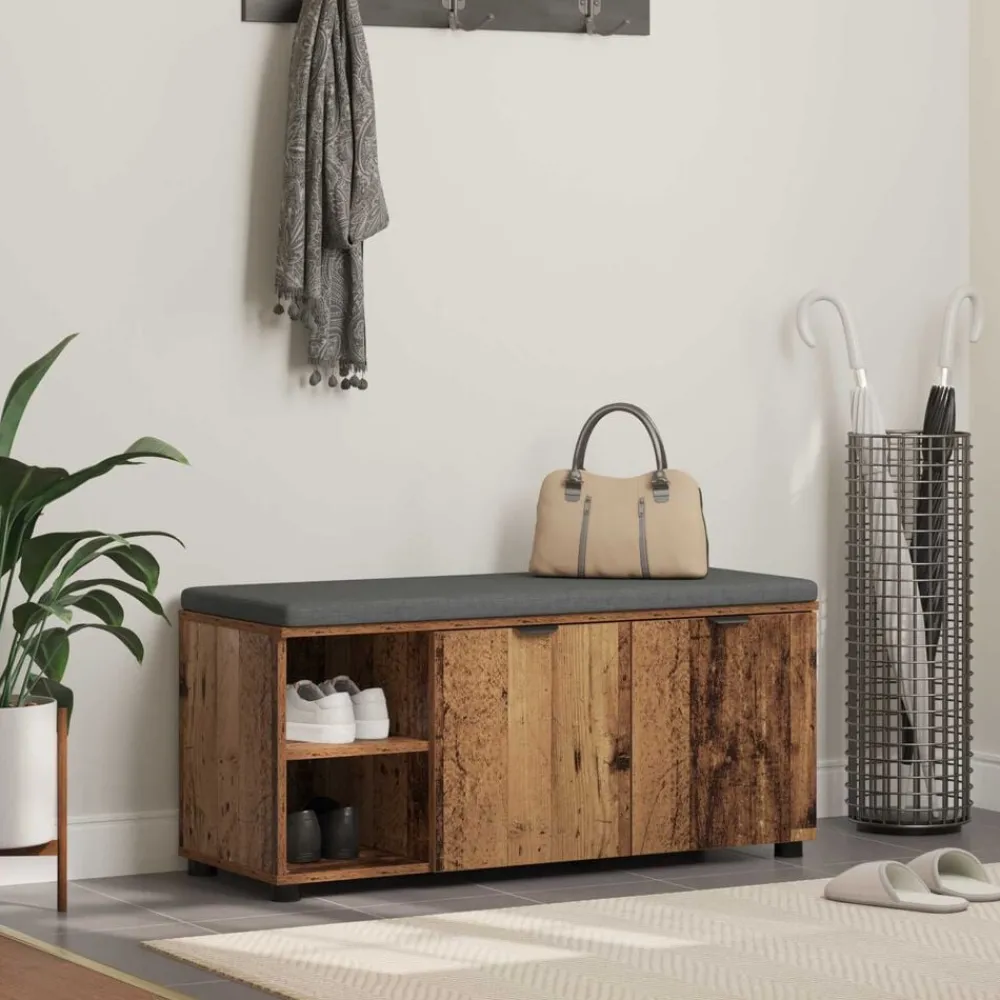 Bankjes*vidaXL Halbank met kussen met plank Oudhout 100 x 38 x 46 cm Oud hout
