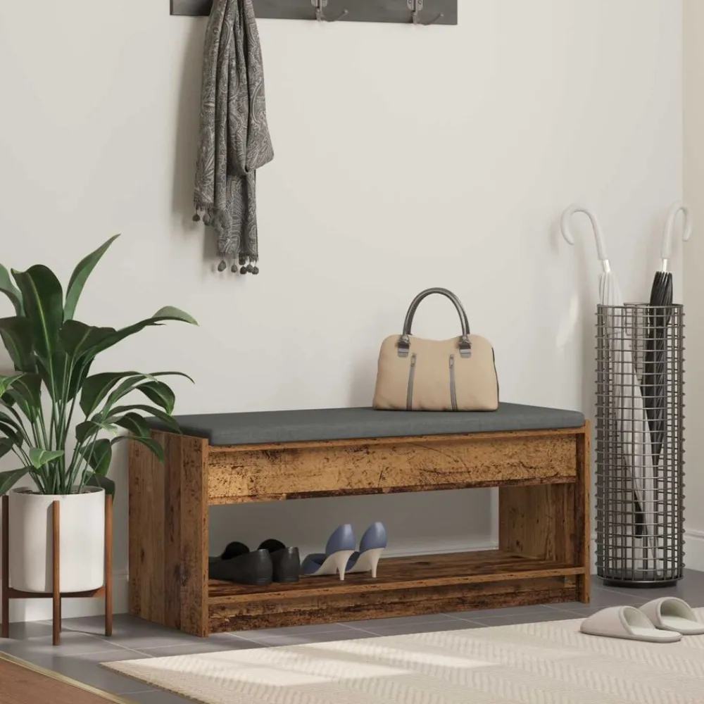 Bankjes*vidaXL Halbank met kussen met plank Oudhout 103 x 38 x 45 cm Oud hout